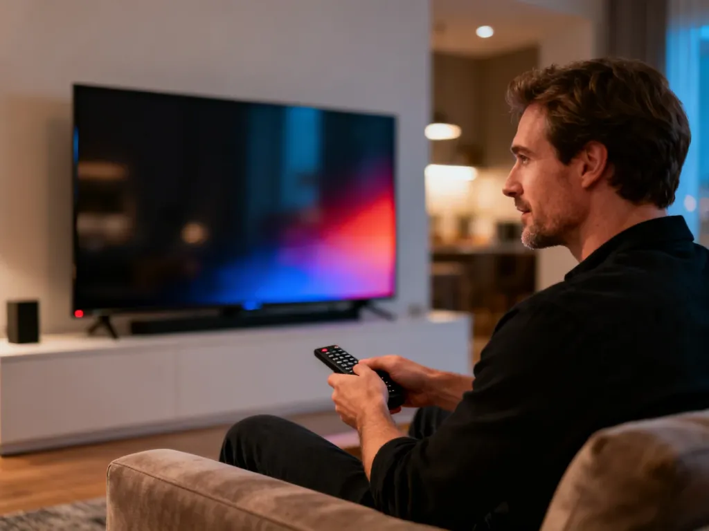 Mężczyzna siedzący na kanapie przed nowoczesnym telewizorem TCL w przytulnym salonie.