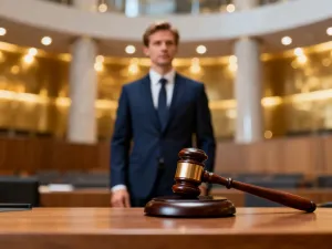 Drewniany młotek sędziowski spoczywający na starej księdze prawniczej w sali sądowej.
