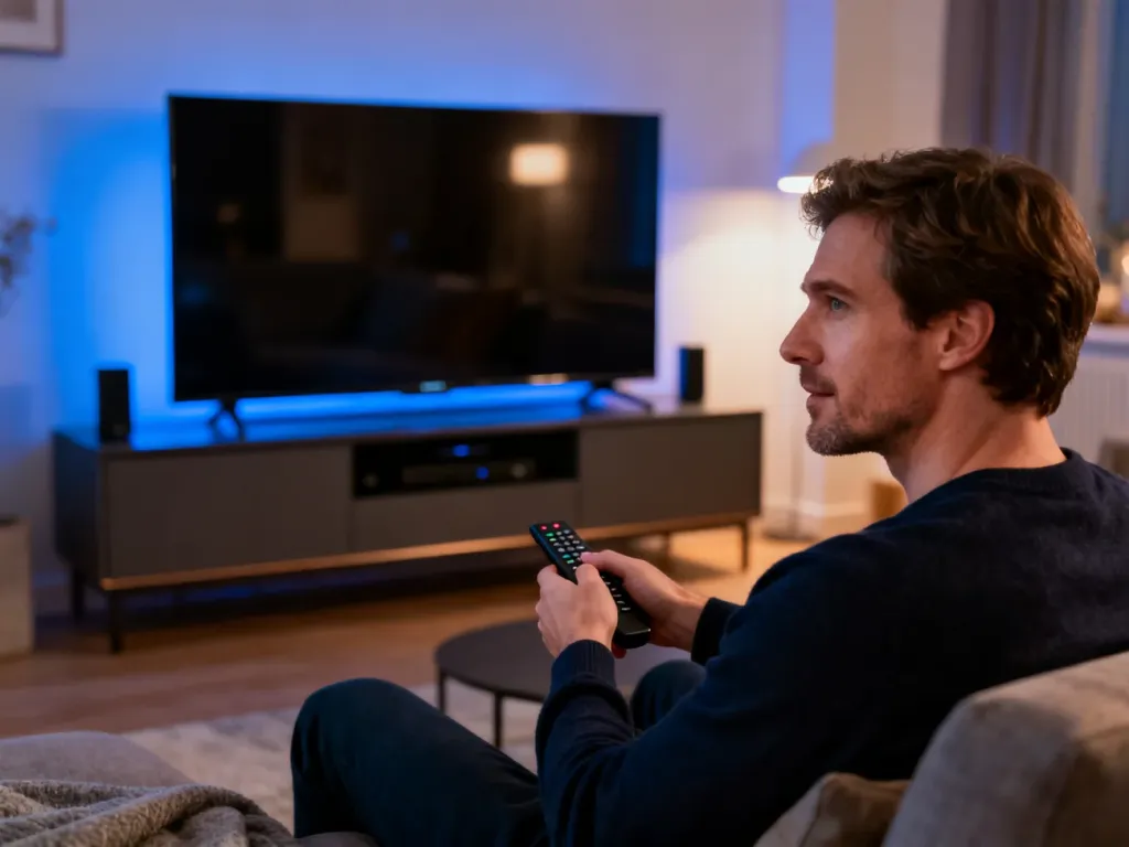 Mężczyzna siedzący na kanapie przed nowoczesnym telewizorem marki Hisense w przytulnym salonie.
