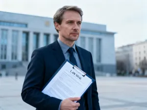 Asystentka sędziego pracująca przy biurku z dokumentami i młotkiem sędziowskim w profesjonalnym gabinecie prawniczym.