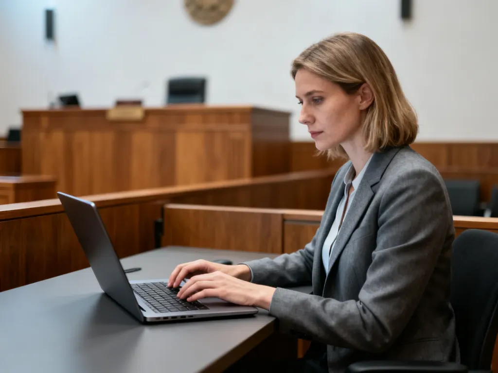 Protokolantka pracująca na laptopie w sali sądowej, dokumentująca przebieg rozprawy.
