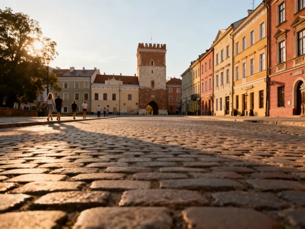 Panoramiczny widok Starego Miasta w Lublinie z Bramą Krakowską i kolorowymi kamienicami o zachodzie słońca, no text on the picture