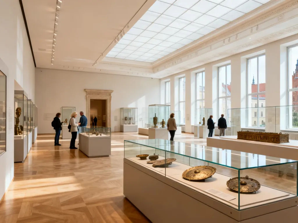 Nowoczesne wnętrze muzeum w Poznaniu z gablotami i zwiedzającymi oglądającymi historyczne eksponaty, no text on the picture