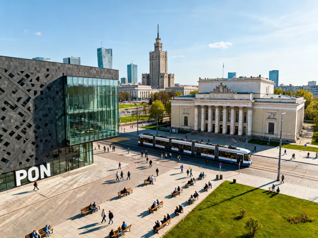 Panorama centrum Warszawy z muzeami POLIN i Narodowym na pierwszym planie, w tle PKiN i nowoczesne wieżowce, no text on the picture